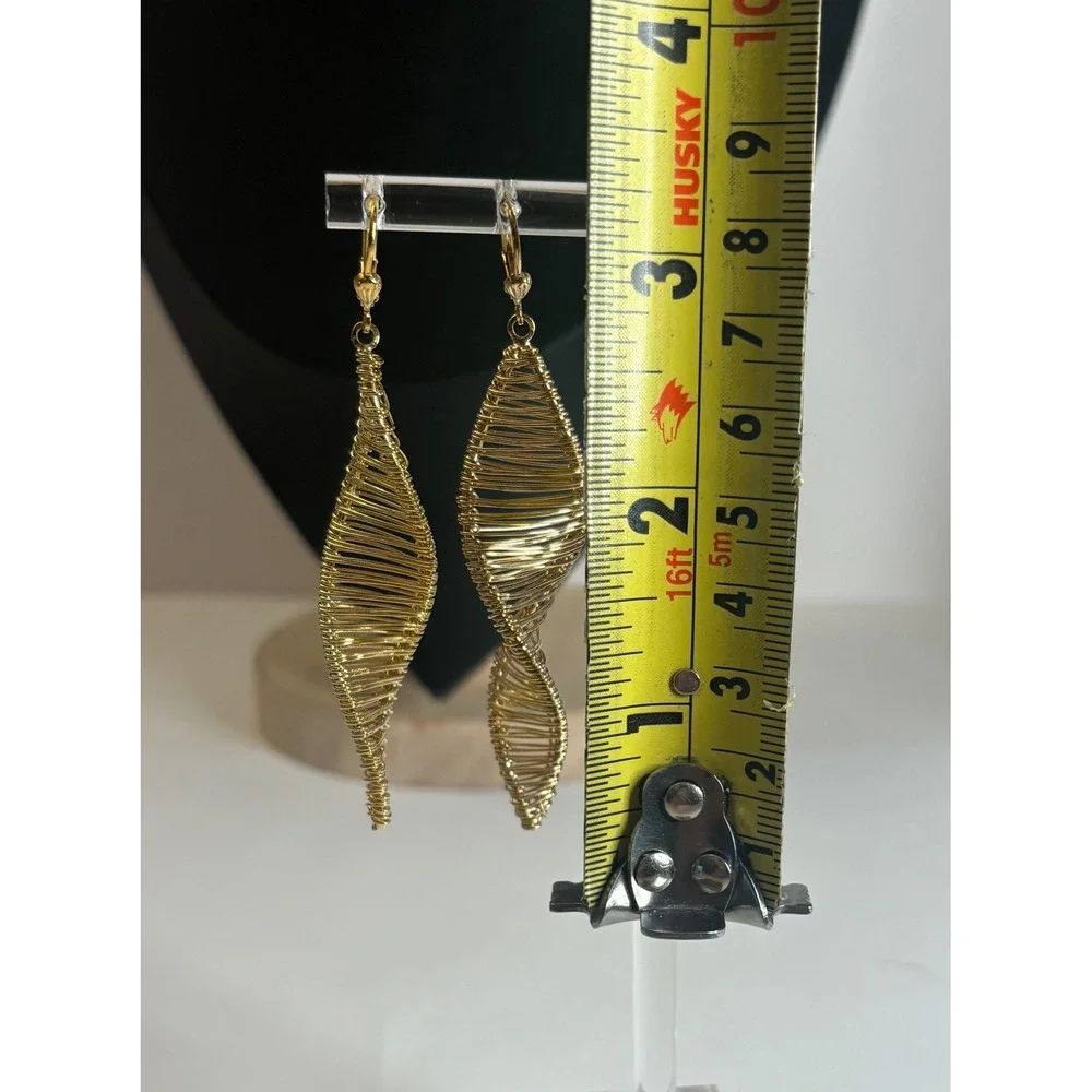 Wire Wrapped Spiral Drop Earrings Lever Back Gold Tone Statement Dangle 3.25